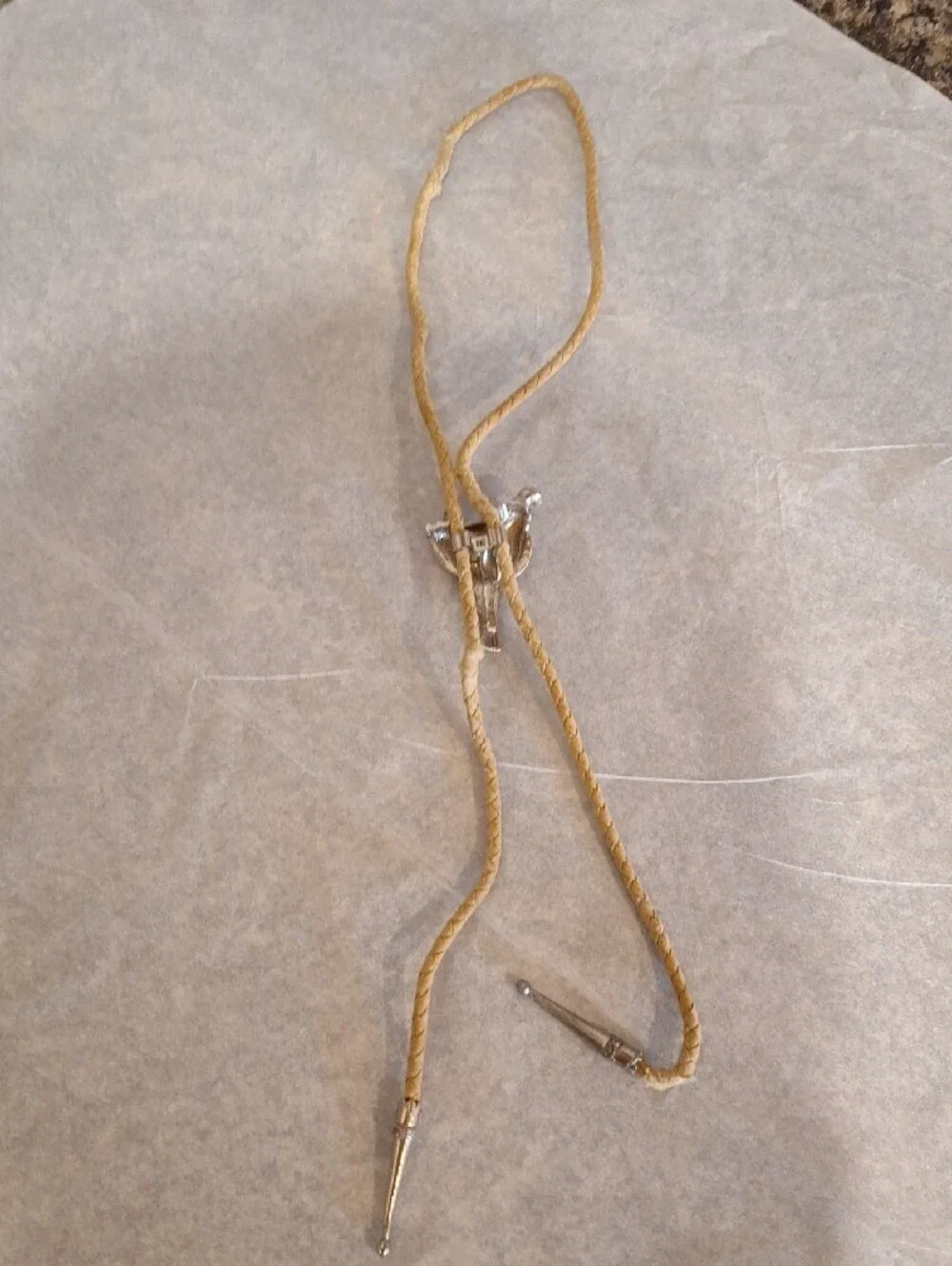 Western Saddle Bolo Tie Necklace in Tan with Silver Slide